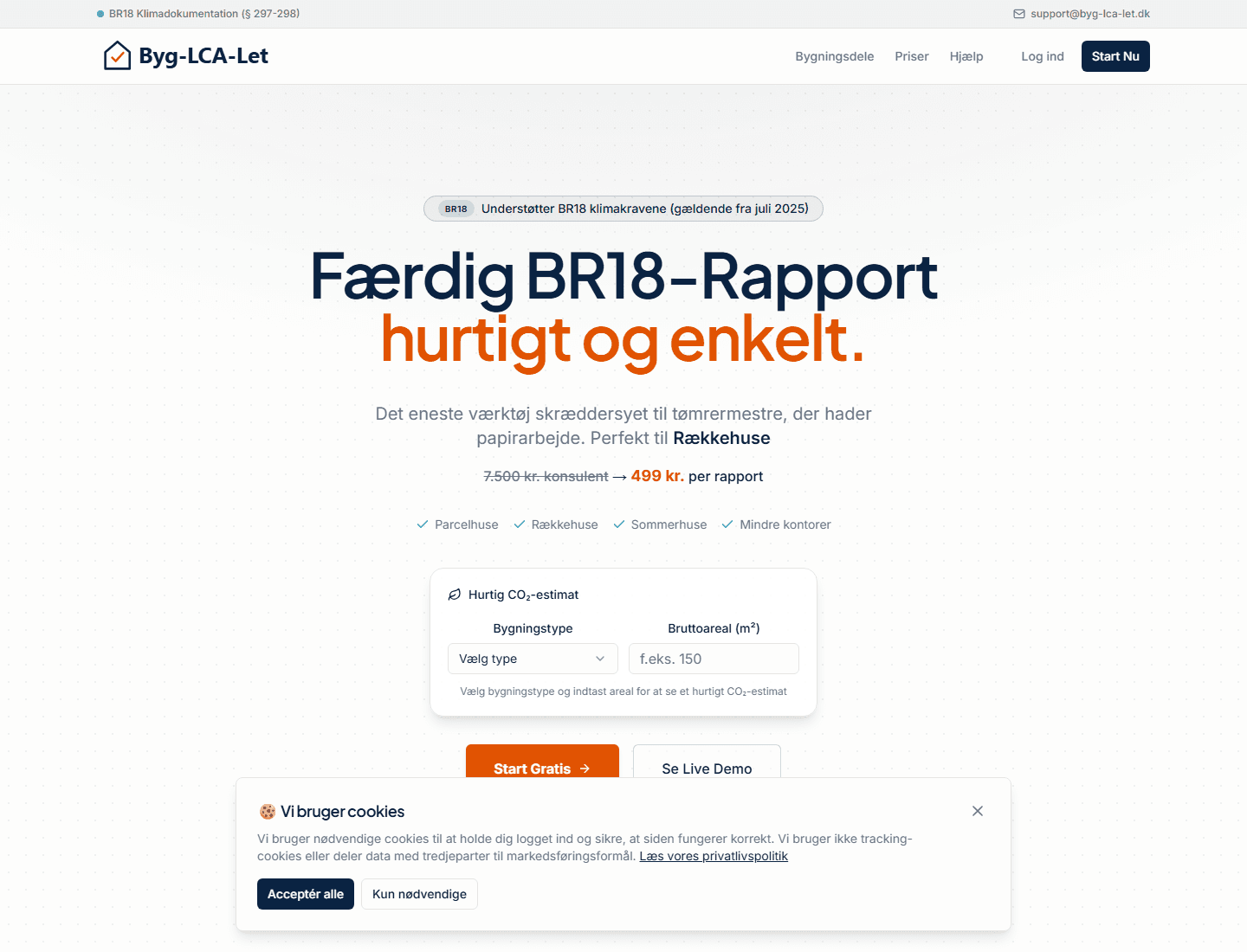 Public Byg-LCA-Let homepage showing the BR18 report product positioning.