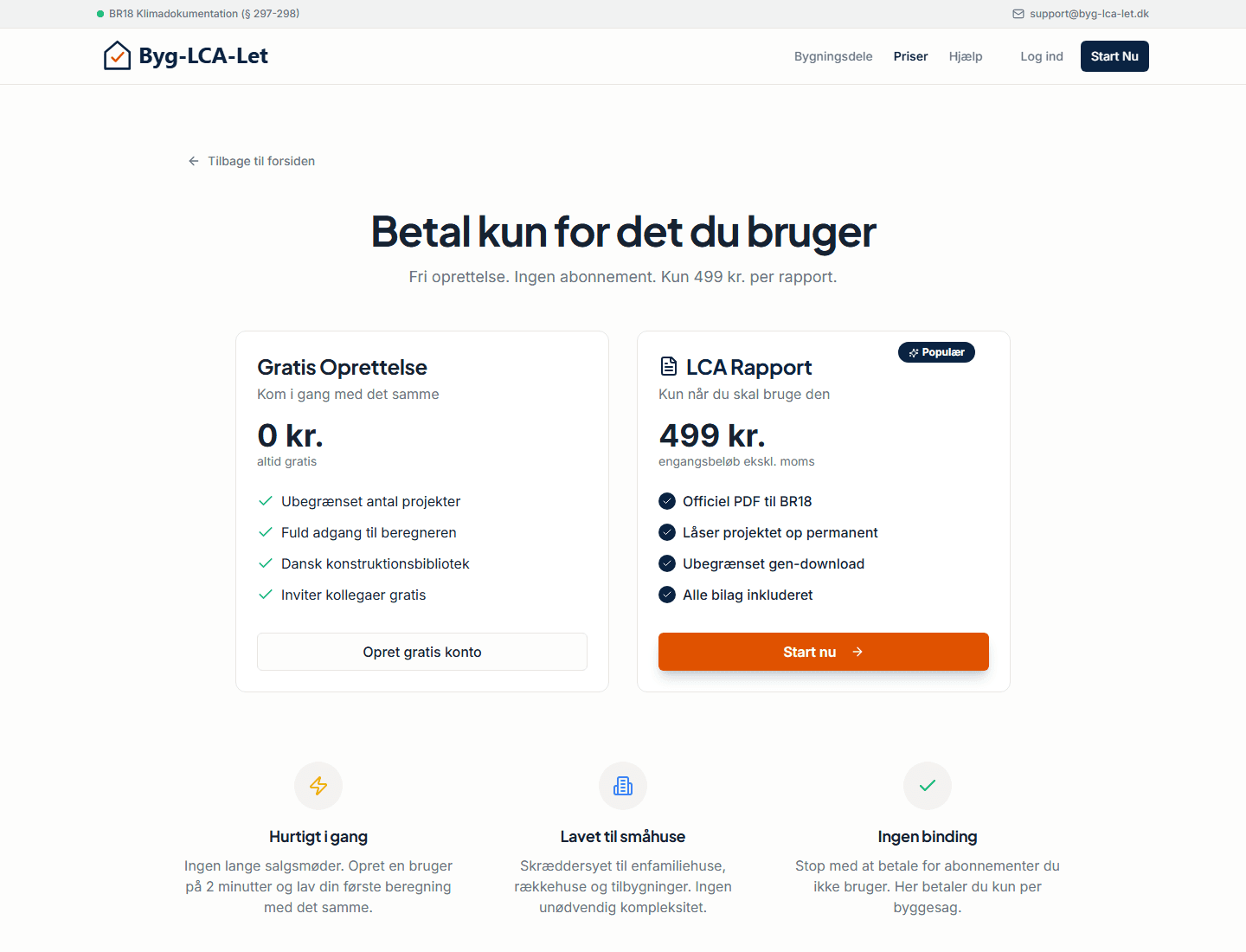 Byg-LCA-Let pricing page showing free setup and pay-per-report pricing.